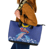 Hawaiian Sea Animals Leather Tote Bag Whales Shark and Turtle Guardians with Tribal Pattern LT03 Blue - Polynesian Pride
