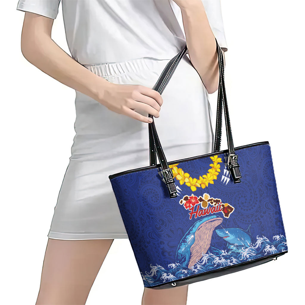 Hawaiian Sea Animals Leather Tote Bag Whales Shark and Turtle Guardians with Tribal Pattern LT03 - Polynesian Pride