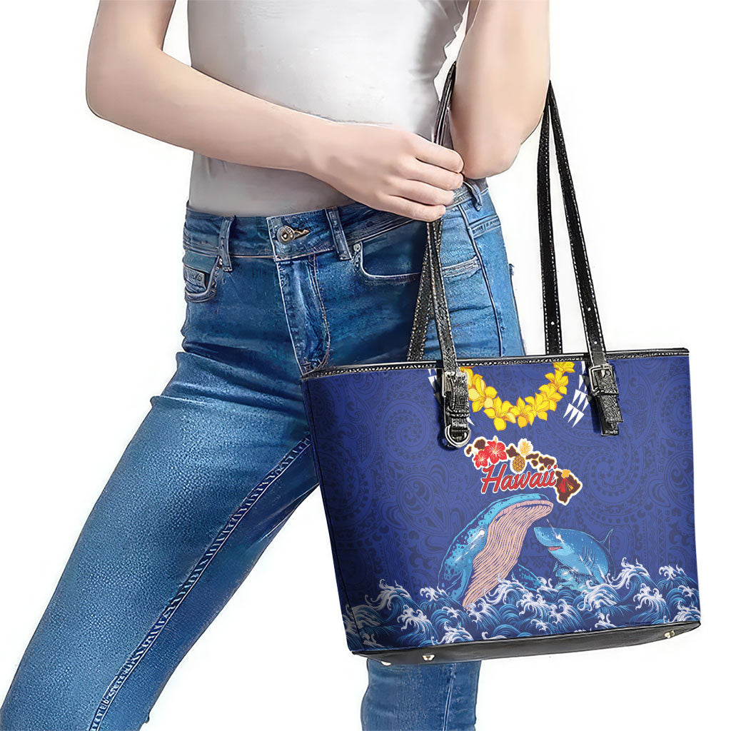 Hawaiian Sea Animals Leather Tote Bag Whales Shark and Turtle Guardians with Tribal Pattern LT03 - Polynesian Pride