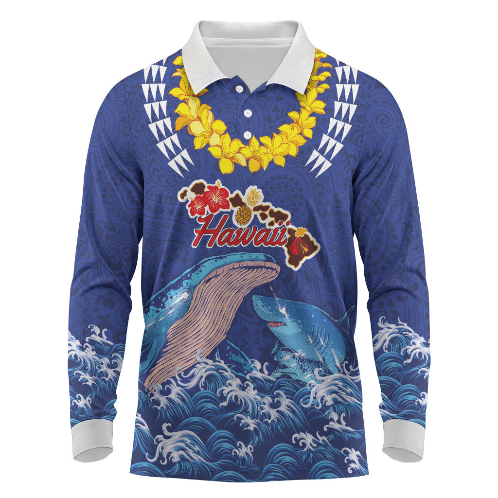 Hawaiian Sea Animals Long Sleeve Polo Shirt Whales Shark and Turtle Guardians with Tribal Pattern