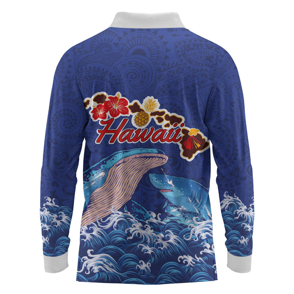Hawaiian Sea Animals Long Sleeve Polo Shirt Whales Shark and Turtle Guardians with Tribal Pattern