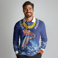 Hawaiian Sea Animals Long Sleeve Polo Shirt Whales Shark and Turtle Guardians with Tribal Pattern