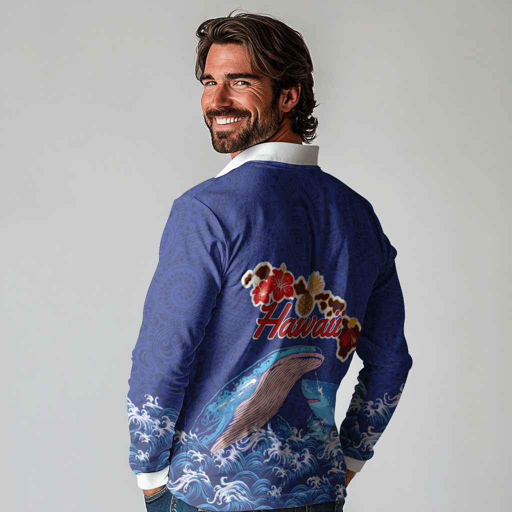 Hawaiian Sea Animals Long Sleeve Polo Shirt Whales Shark and Turtle Guardians with Tribal Pattern
