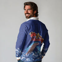 Hawaiian Sea Animals Long Sleeve Polo Shirt Whales Shark and Turtle Guardians with Tribal Pattern