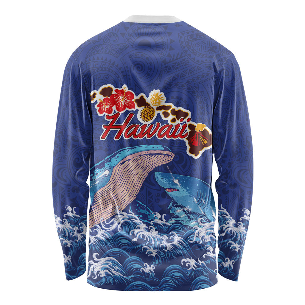 Hawaiian Sea Animals Long Sleeve Shirt Whales Shark and Turtle Guardians with Tribal Pattern LT03 - Polynesian Pride