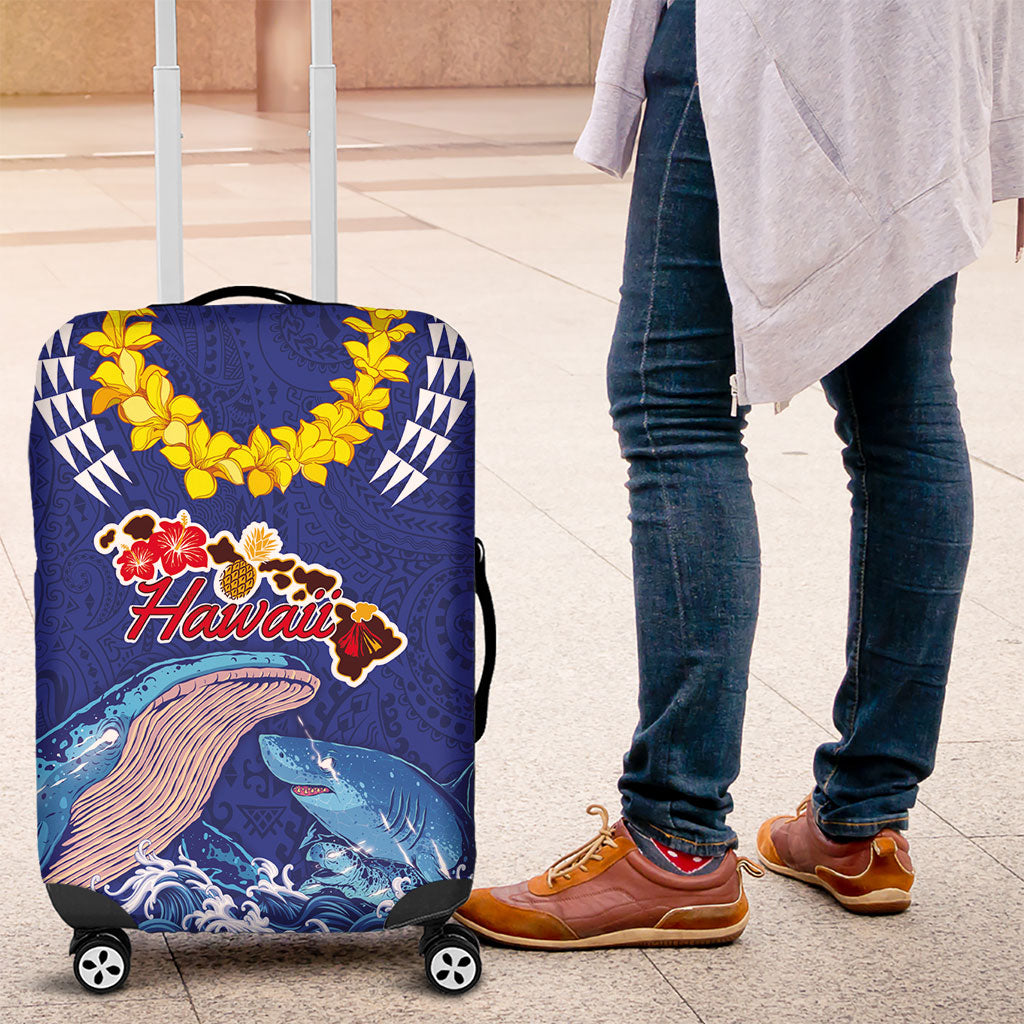 Hawaiian Sea Animals Luggage Cover Whales Shark and Turtle Guardians with Tribal Pattern LT03 Blue - Polynesian Pride