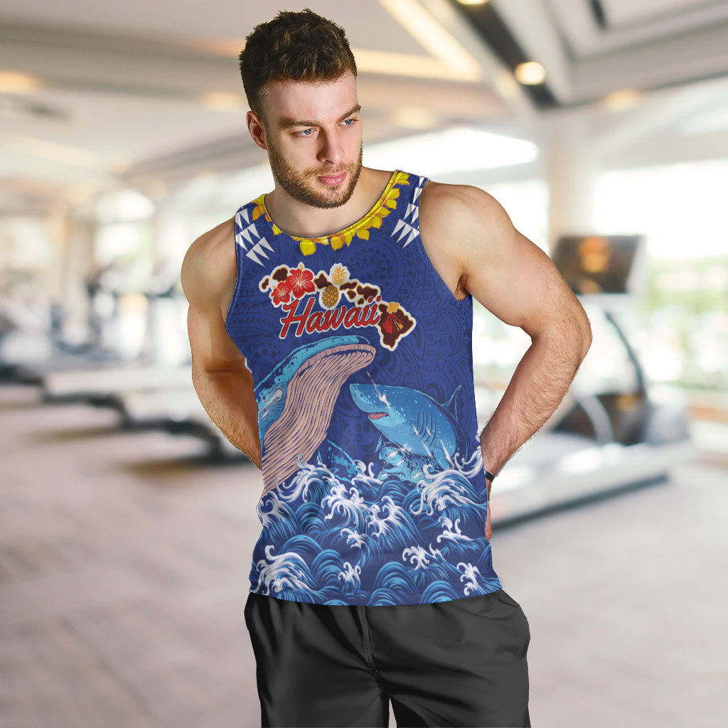 Hawaiian Sea Animals Men Tank Top Whales Shark and Turtle Guardians with Tribal Pattern LT03 Blue - Polynesian Pride