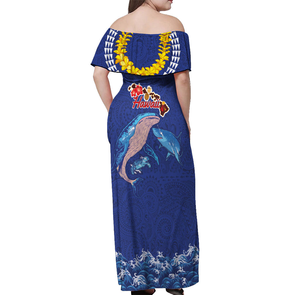 Hawaiian Sea Animals Off Shoulder Maxi Dress Whales Shark and Turtle Guardians with Tribal Pattern LT03 - Polynesian Pride