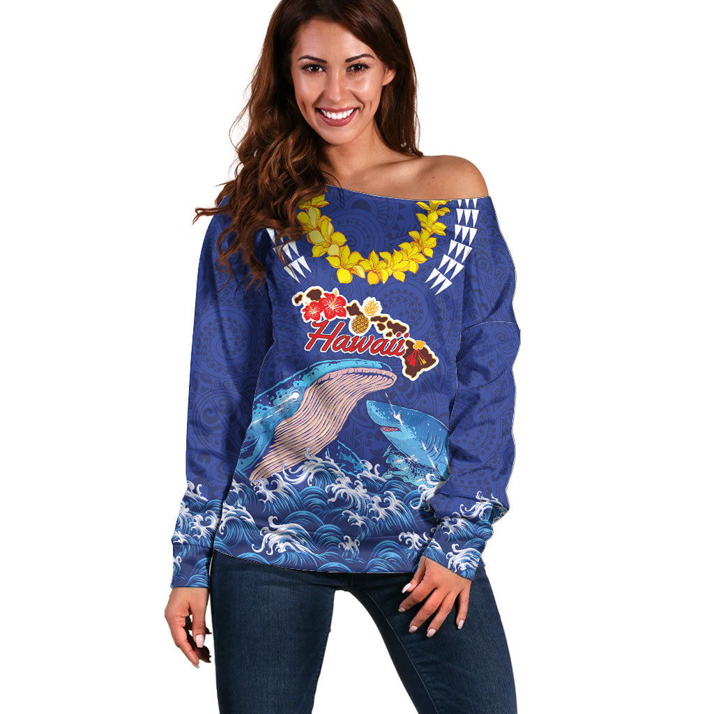 Hawaiian Sea Animals Off Shoulder Sweater Whales Shark and Turtle Guardians with Tribal Pattern LT03 Women Blue - Polynesian Pride