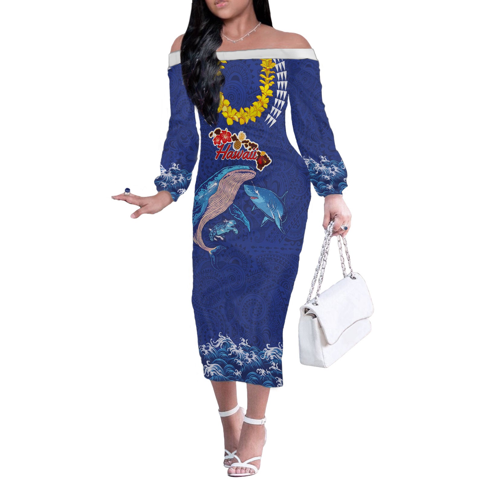 Hawaiian Sea Animals Off The Shoulder Long Sleeve Dress Whales Shark and Turtle Guardians with Tribal Pattern