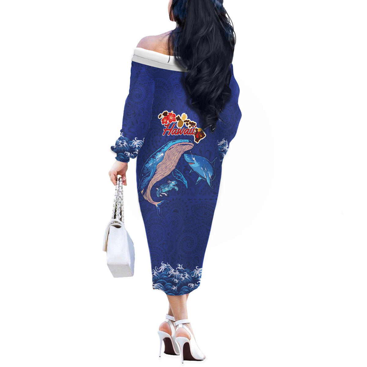 Hawaiian Sea Animals Off The Shoulder Long Sleeve Dress Whales Shark and Turtle Guardians with Tribal Pattern LT03 - Polynesian Pride