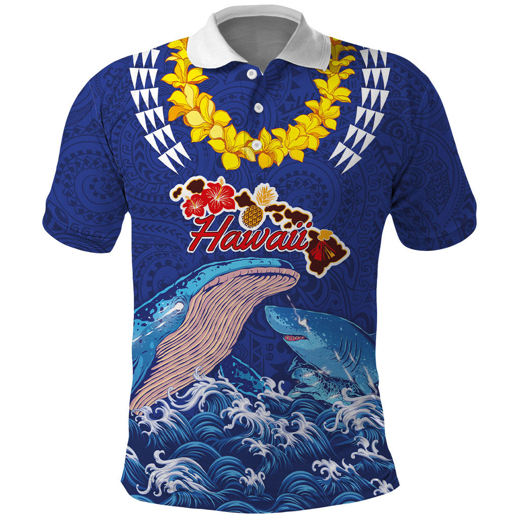 Hawaiian Sea Animals Polo Shirt Whales Shark and Turtle Guardians with Tribal Pattern LT03 Blue - Polynesian Pride