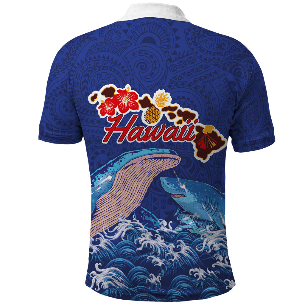 Hawaiian Sea Animals Polo Shirt Whales Shark and Turtle Guardians with Tribal Pattern LT03 - Polynesian Pride