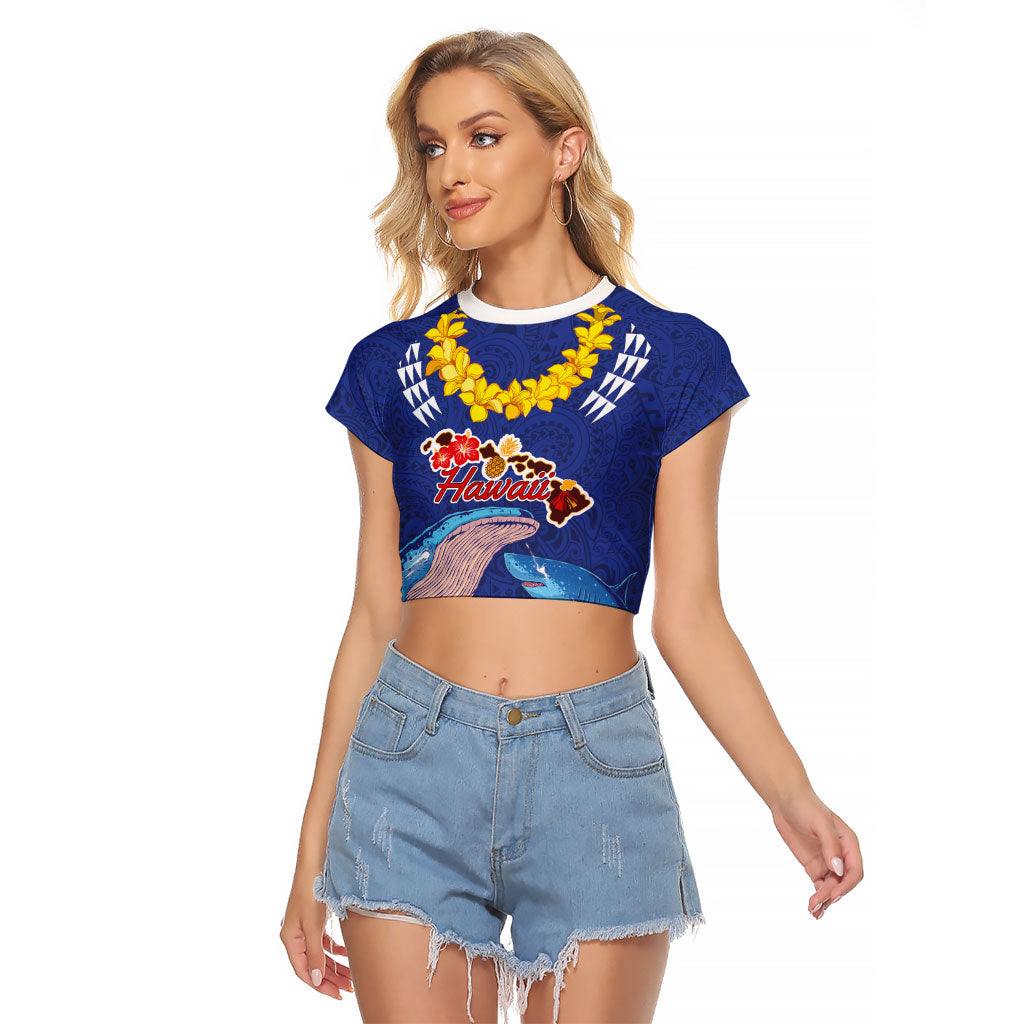 Hawaiian Sea Animals Raglan Cropped T Shirt Whales Shark and Turtle Guardians with Tribal Pattern LT03 Female Blue - Polynesian Pride