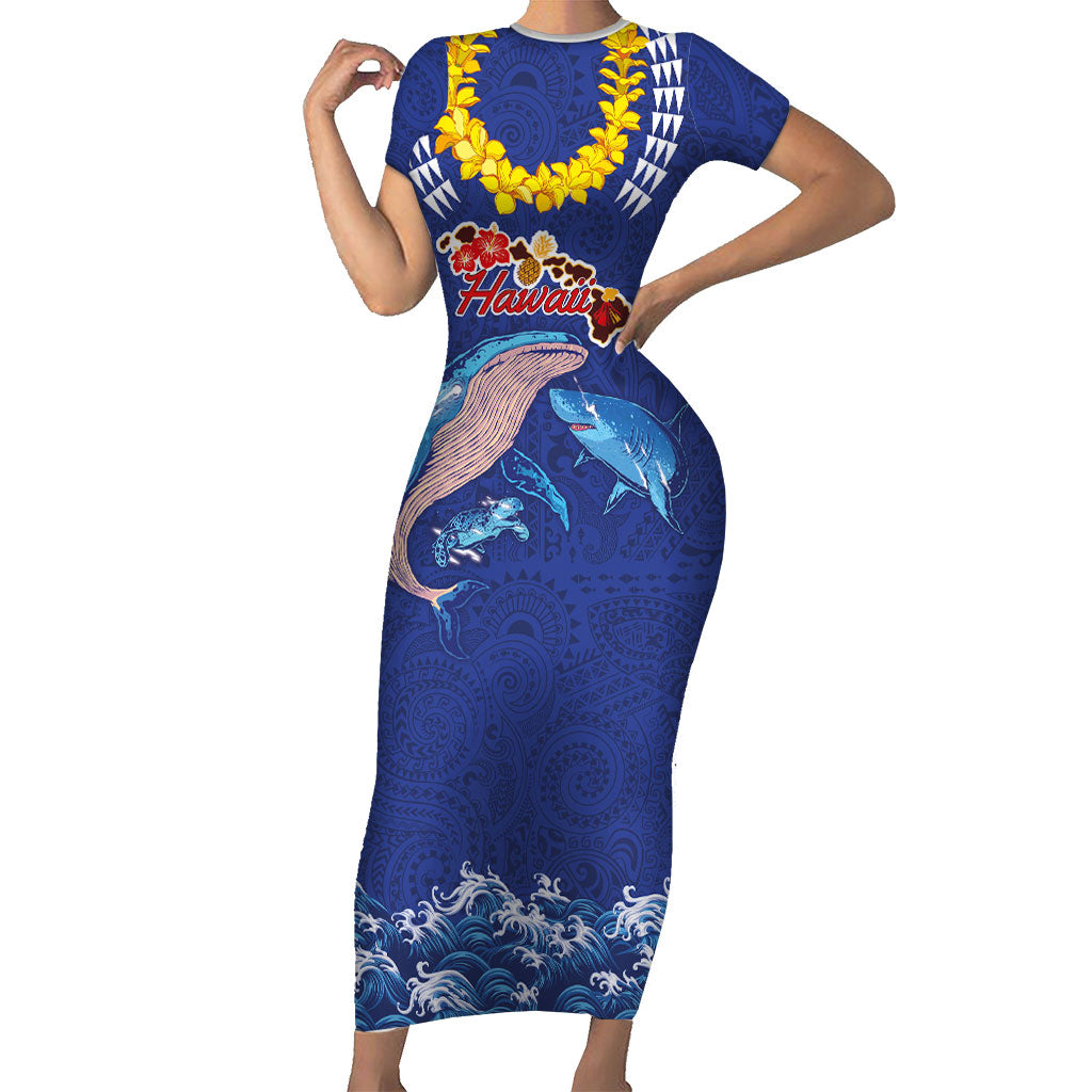 Hawaiian Sea Animals Short Sleeve Bodycon Dress Whales Shark and Turtle Guardians with Tribal Pattern