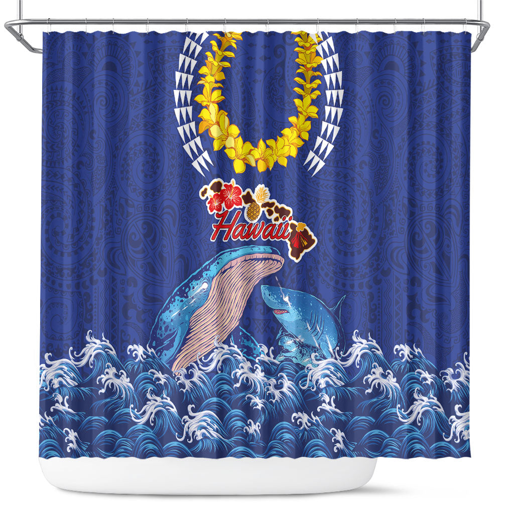 Hawaiian Sea Animals Shower Curtain Whales Shark and Turtle Guardians with Tribal Pattern LT03 Blue - Polynesian Pride