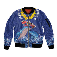 Hawaiian Sea Animals Sleeve Zip Bomber Jacket Whales Shark and Turtle Guardians with Tribal Pattern