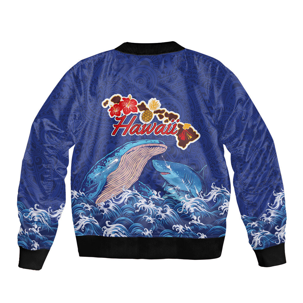 Hawaiian Sea Animals Sleeve Zip Bomber Jacket Whales Shark and Turtle Guardians with Tribal Pattern