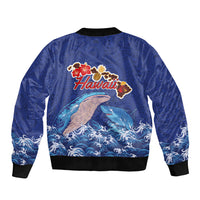 Hawaiian Sea Animals Sleeve Zip Bomber Jacket Whales Shark and Turtle Guardians with Tribal Pattern