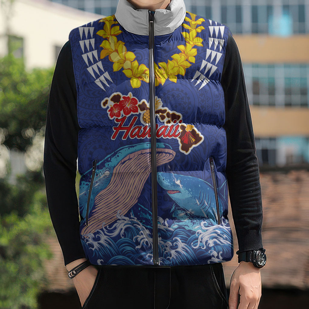 Hawaiian Sea Animals Sleeveless Puffer Jacket Whales Shark and Turtle Guardians with Tribal Pattern LT03 - Polynesian Pride
