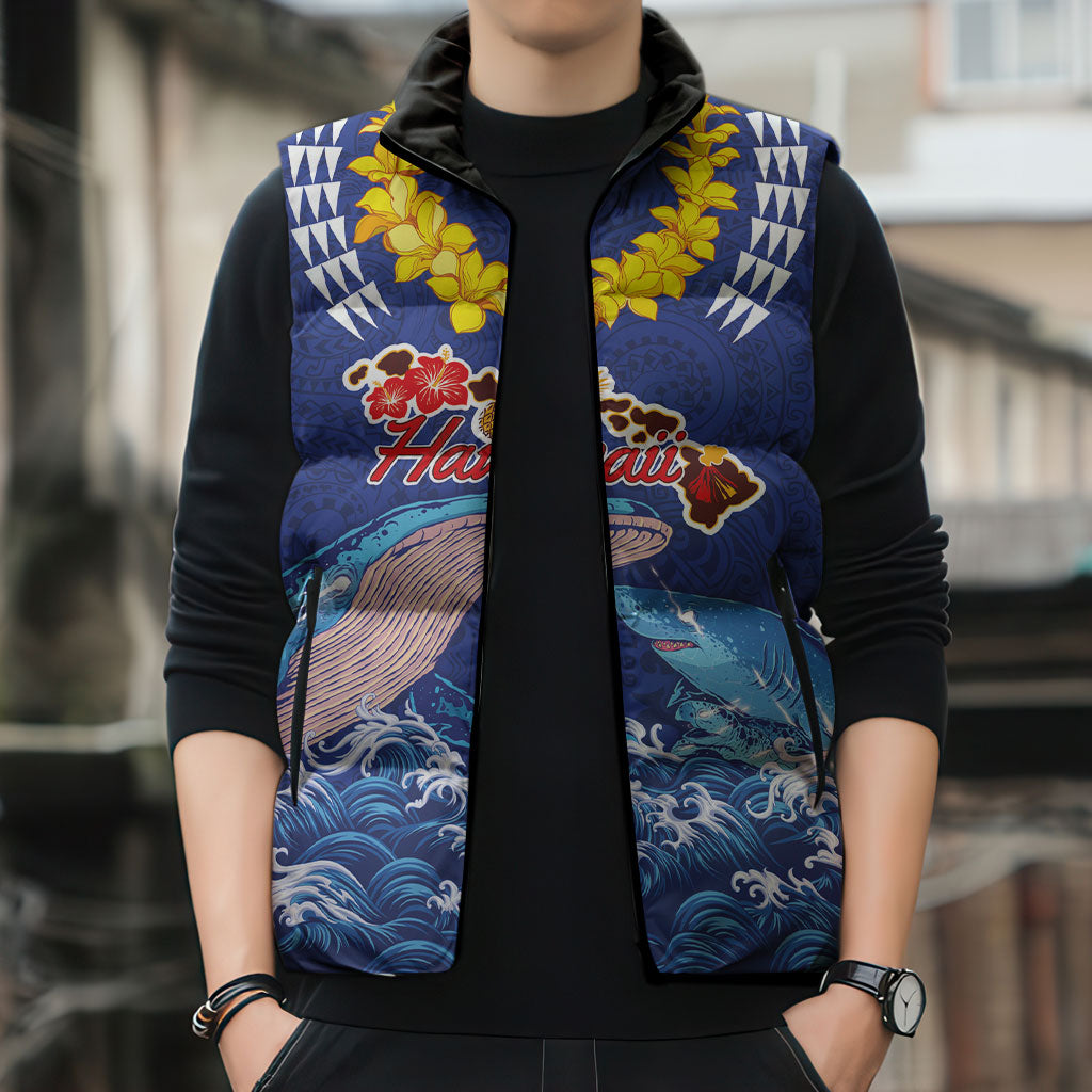 Hawaiian Sea Animals Sleeveless Puffer Jacket Whales Shark and Turtle Guardians with Tribal Pattern LT03 - Polynesian Pride