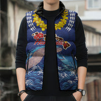 Hawaiian Sea Animals Sleeveless Puffer Jacket Whales Shark and Turtle Guardians with Tribal Pattern LT03 - Polynesian Pride