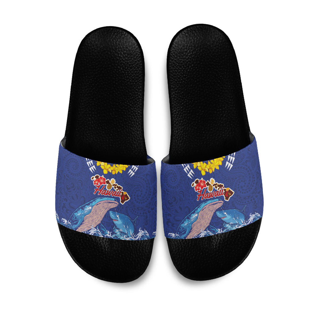 Hawaiian Sea Animals Slide Sandals Whales Shark and Turtle Guardians with Tribal Pattern