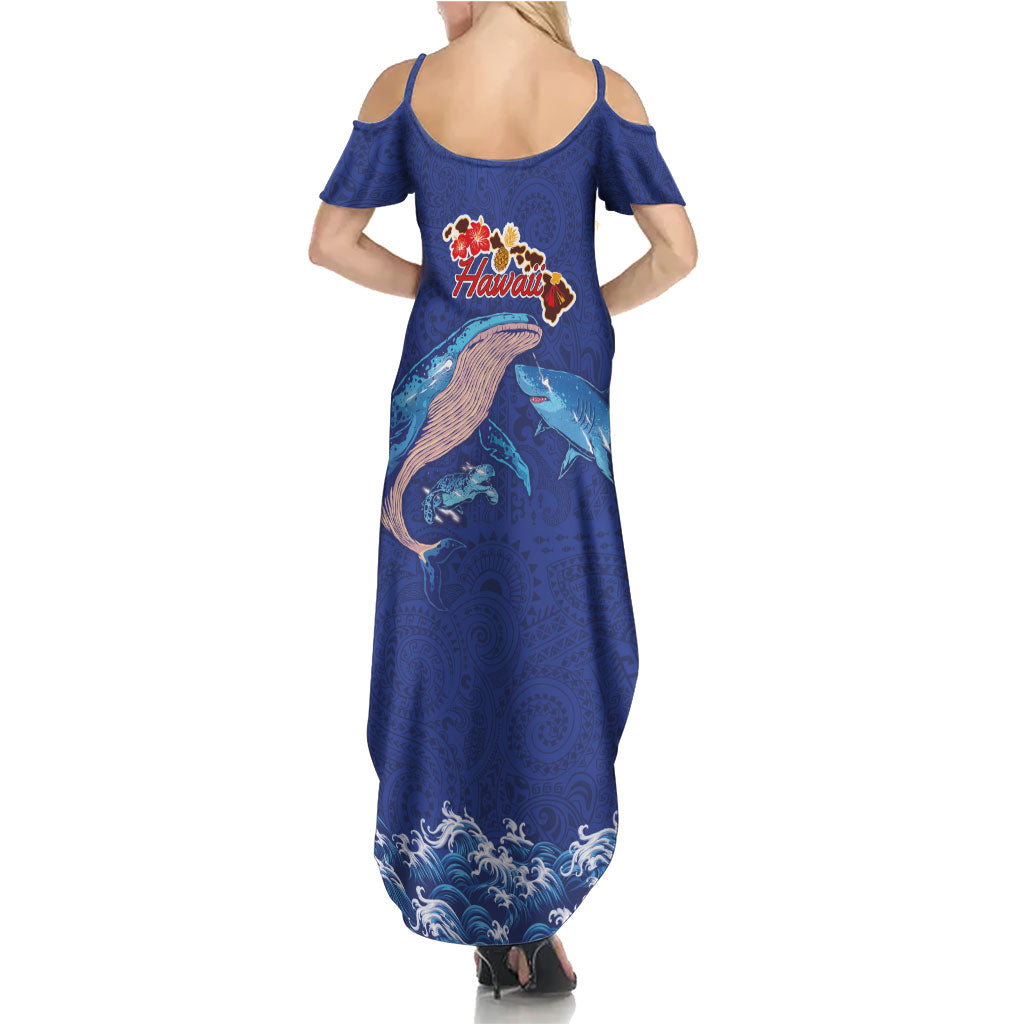 Hawaiian Sea Animals Summer Maxi Dress Whales Shark and Turtle Guardians with Tribal Pattern LT03 - Polynesian Pride