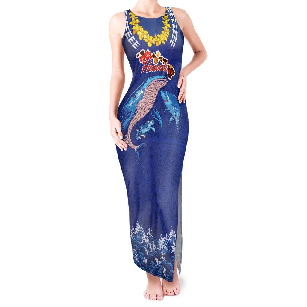 Hawaiian Sea Animals Tank Maxi Dress Whales Shark and Turtle Guardians with Tribal Pattern LT03 Women Blue - Polynesian Pride