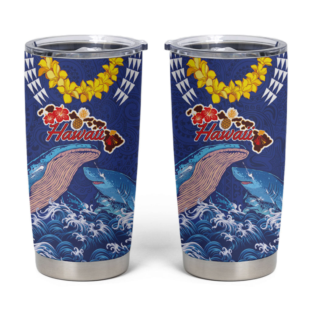 Hawaiian Sea Animals Tumbler Cup Whales Shark and Turtle Guardians with Tribal Pattern LT03 Blue - Polynesian Pride