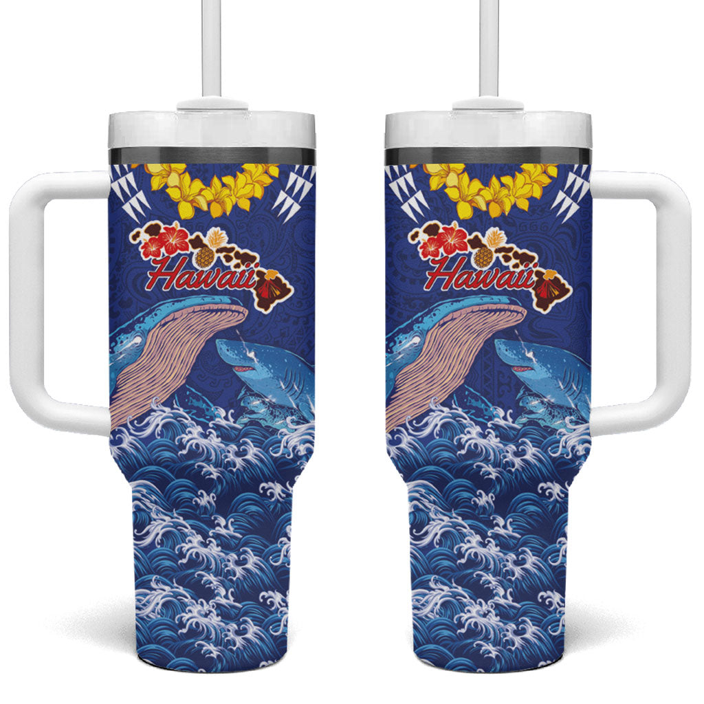 Hawaiian Sea Animals Tumbler With Handle Whales Shark and Turtle Guardians with Tribal Pattern LT03 One Size: 40 oz Blue - Polynesian Pride
