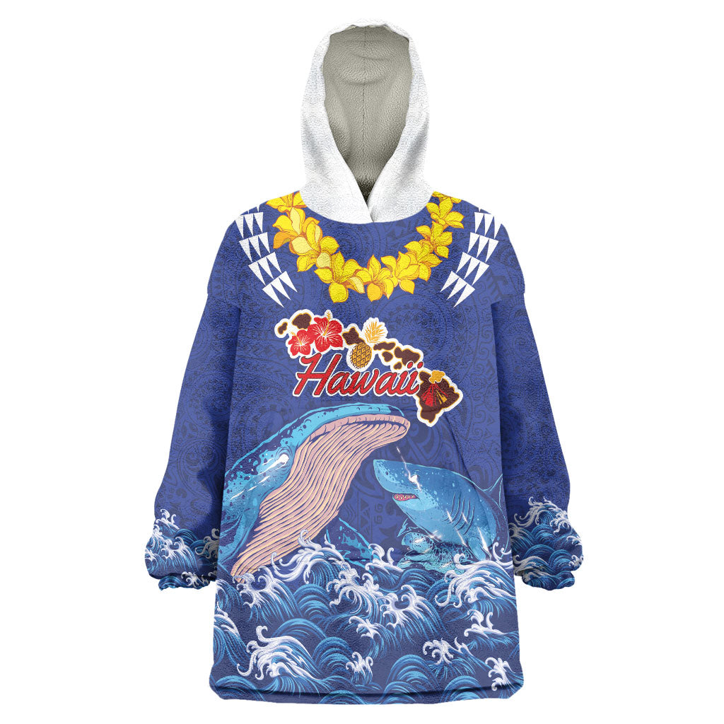 Hawaiian Sea Animals Wearable Blanket Hoodie Whales Shark and Turtle Guardians with Tribal Pattern LT03 One Size Blue - Polynesian Pride