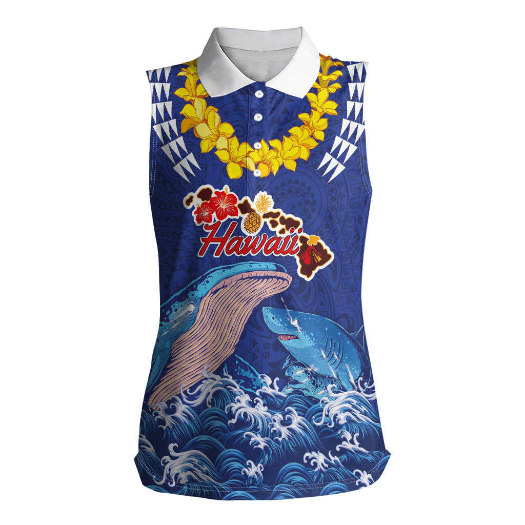 Hawaiian Sea Animals Women Sleeveless Polo Shirt Whales Shark and Turtle Guardians with Tribal Pattern