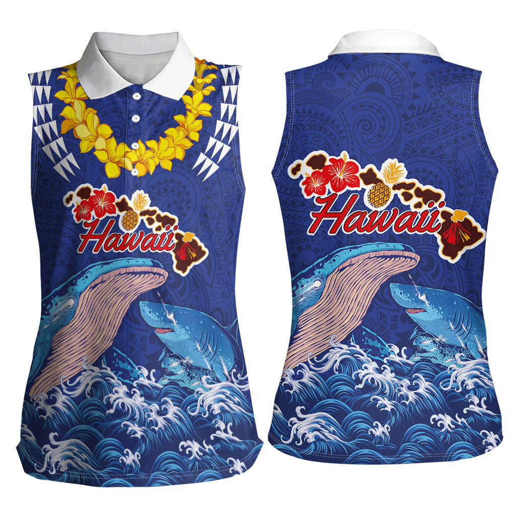 Hawaiian Sea Animals Women Sleeveless Polo Shirt Whales Shark and Turtle Guardians with Tribal Pattern