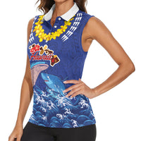 Hawaiian Sea Animals Women Sleeveless Polo Shirt Whales Shark and Turtle Guardians with Tribal Pattern
