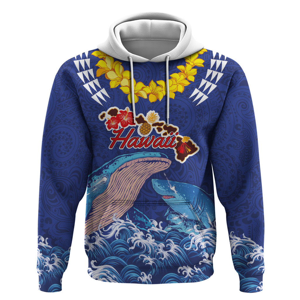 Hawaiian Sea Animals Zip Hoodie Whales Shark and Turtle Guardians with Tribal Pattern LT03 Pullover Hoodie Blue - Polynesian Pride