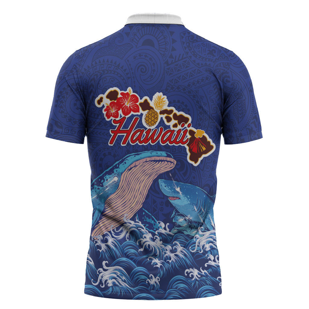 Hawaiian Sea Animals Zipper Polo Shirt Whales Shark and Turtle Guardians with Tribal Pattern LT03 - Polynesian Pride