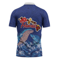 Hawaiian Sea Animals Zipper Polo Shirt Whales Shark and Turtle Guardians with Tribal Pattern LT03 - Polynesian Pride