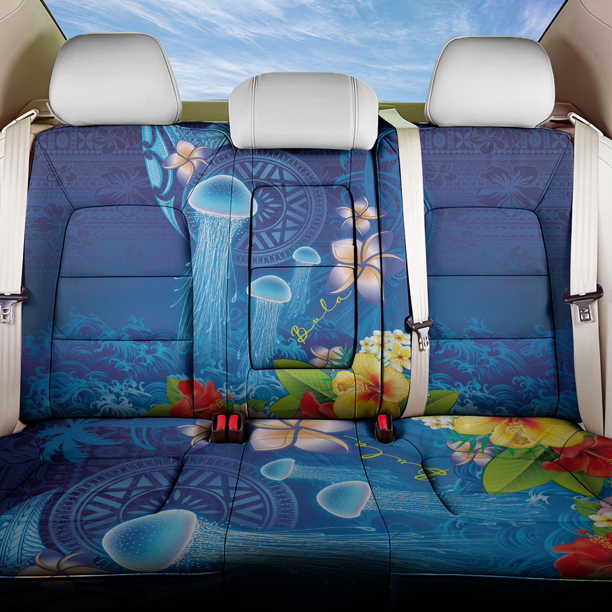 Fiji Jellyfish Back Car Seat Cover Tapa Patterns and Hibiscus Sea Vibe