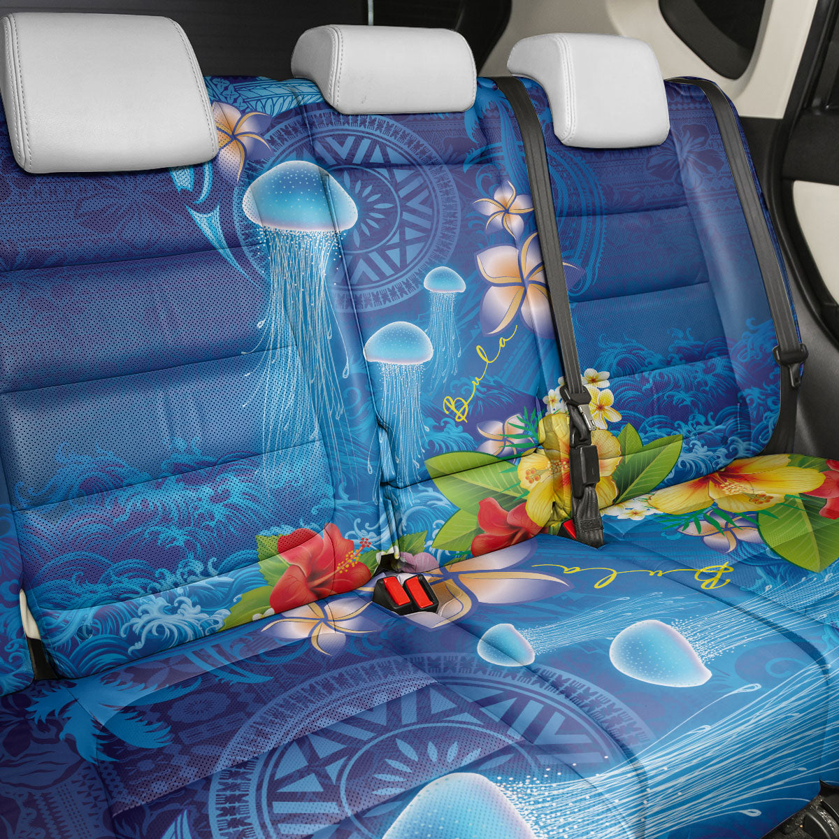 Fiji Jellyfish Back Car Seat Cover Tapa Patterns and Hibiscus Sea Vibe LT03 - Polynesian Pride