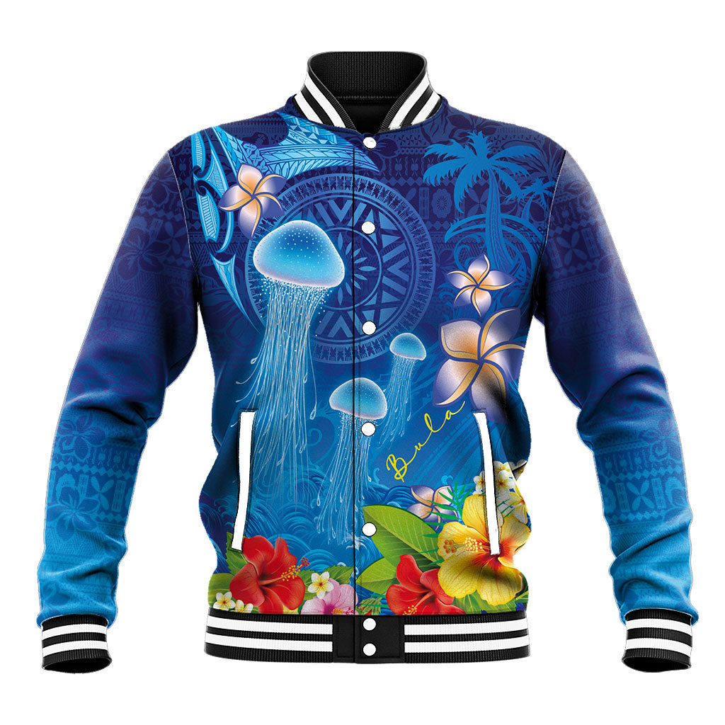 Fiji Jellyfish Baseball Jacket Tapa Patterns and Hibiscus Sea Vibe LT03 Unisex Blue - Polynesian Pride