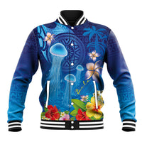 Fiji Jellyfish Baseball Jacket Tapa Patterns and Hibiscus Sea Vibe LT03 Unisex Blue - Polynesian Pride