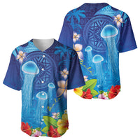 Fiji Jellyfish Baseball Jersey Tapa Patterns and Hibiscus Sea Vibe LT03 - Polynesian Pride