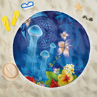 Fiji Jellyfish Beach Blanket Tapa Patterns and Hibiscus Sea Vibe LT03 One Size 150cm Blue - Polynesian Pride