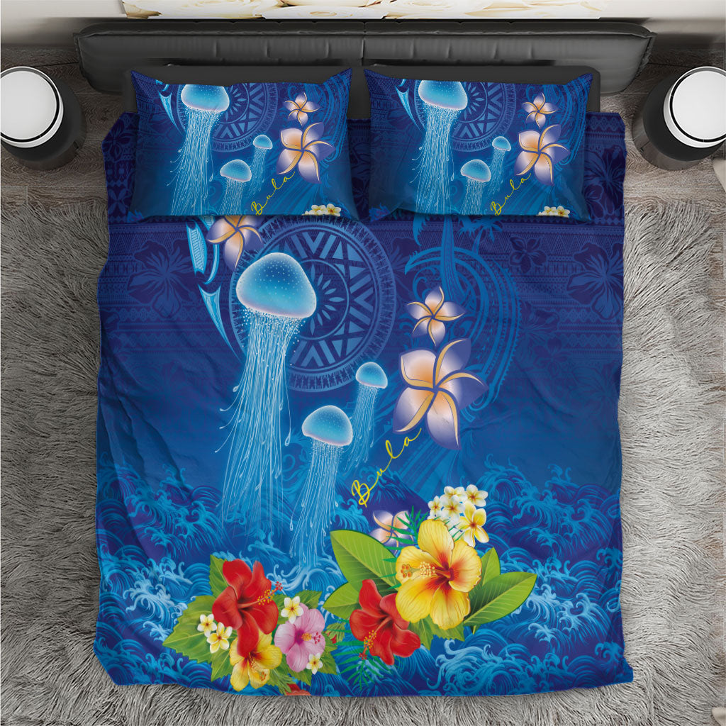Fiji Jellyfish Bedding Set Tapa Patterns and Hibiscus Sea Vibe LT03 Blue - Polynesian Pride
