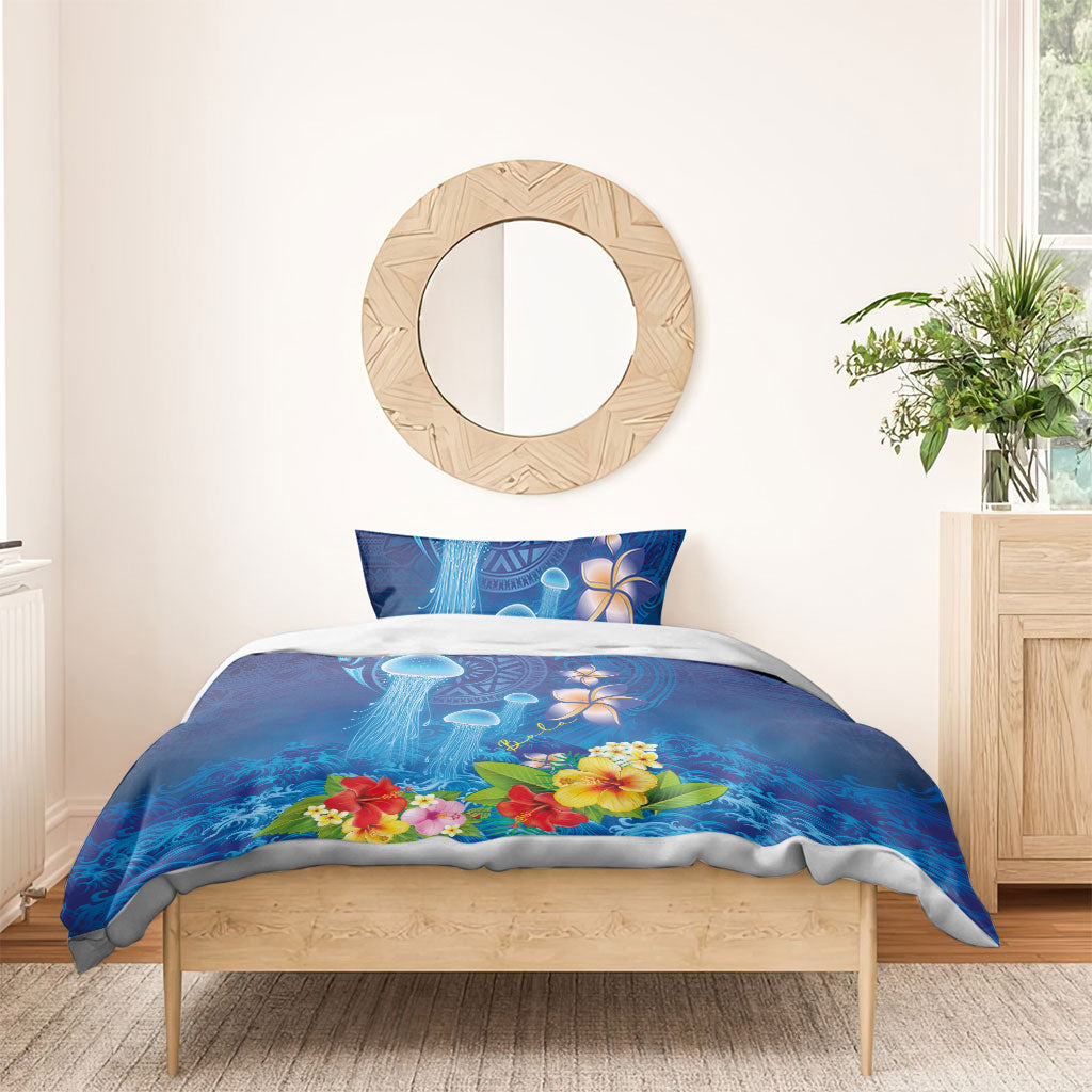 Fiji Jellyfish Bedding Set Tapa Patterns and Hibiscus Sea Vibe LT03 - Polynesian Pride