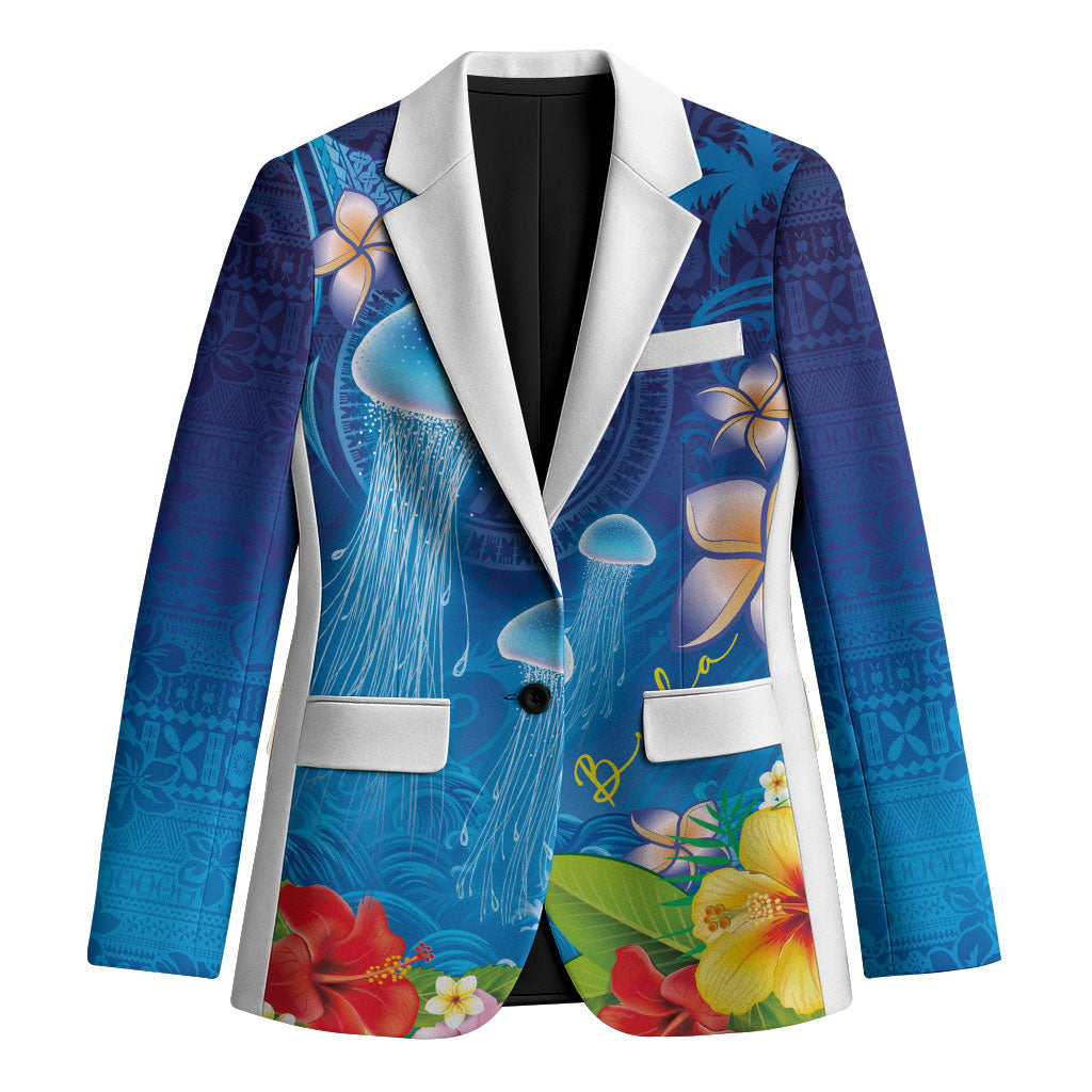 Fiji Jellyfish Blazer Tapa Patterns and Hibiscus Sea Vibe LT03 Unisex Blue - Polynesian Pride