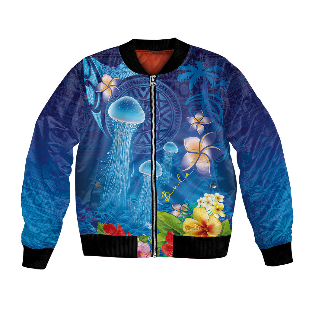 Fiji Jellyfish Bomber Jacket Tapa Patterns and Hibiscus Sea Vibe LT03 Unisex Blue - Polynesian Pride