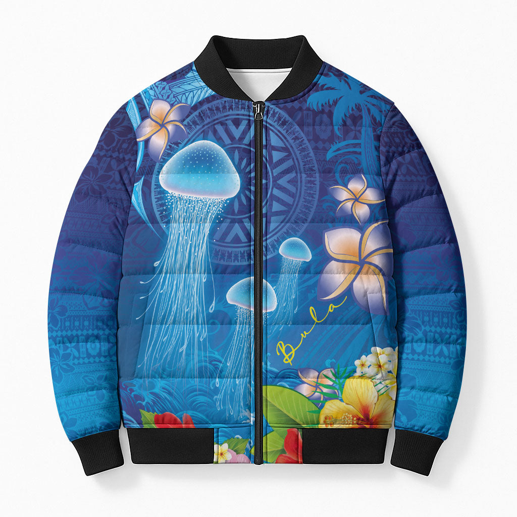 Fiji Jellyfish Bomber Puffer Jacket Tapa Patterns and Hibiscus Sea Vibe LT03 Unisex Blue - Polynesian Pride