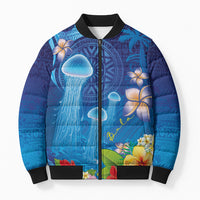Fiji Jellyfish Bomber Puffer Jacket Tapa Patterns and Hibiscus Sea Vibe LT03 Unisex Blue - Polynesian Pride